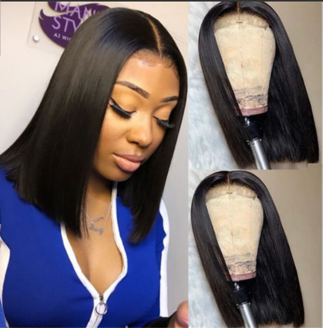 036 Middle Part Straight Bob Black Wig (shown styled)
