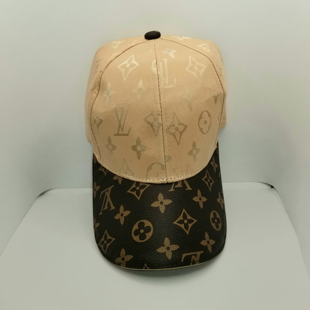 115 Brown Flower Leather Bib and Cream Dome Cap Unisex