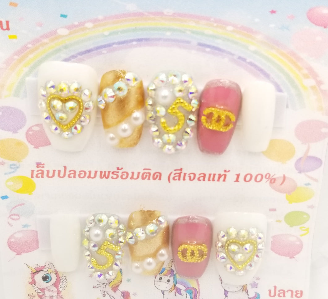 273 Pink, White & Gold Short Inspired Nails, Glue and File included