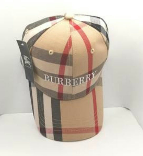 106 Cap Black, Tan and Red Striped Print with white letters Unisex